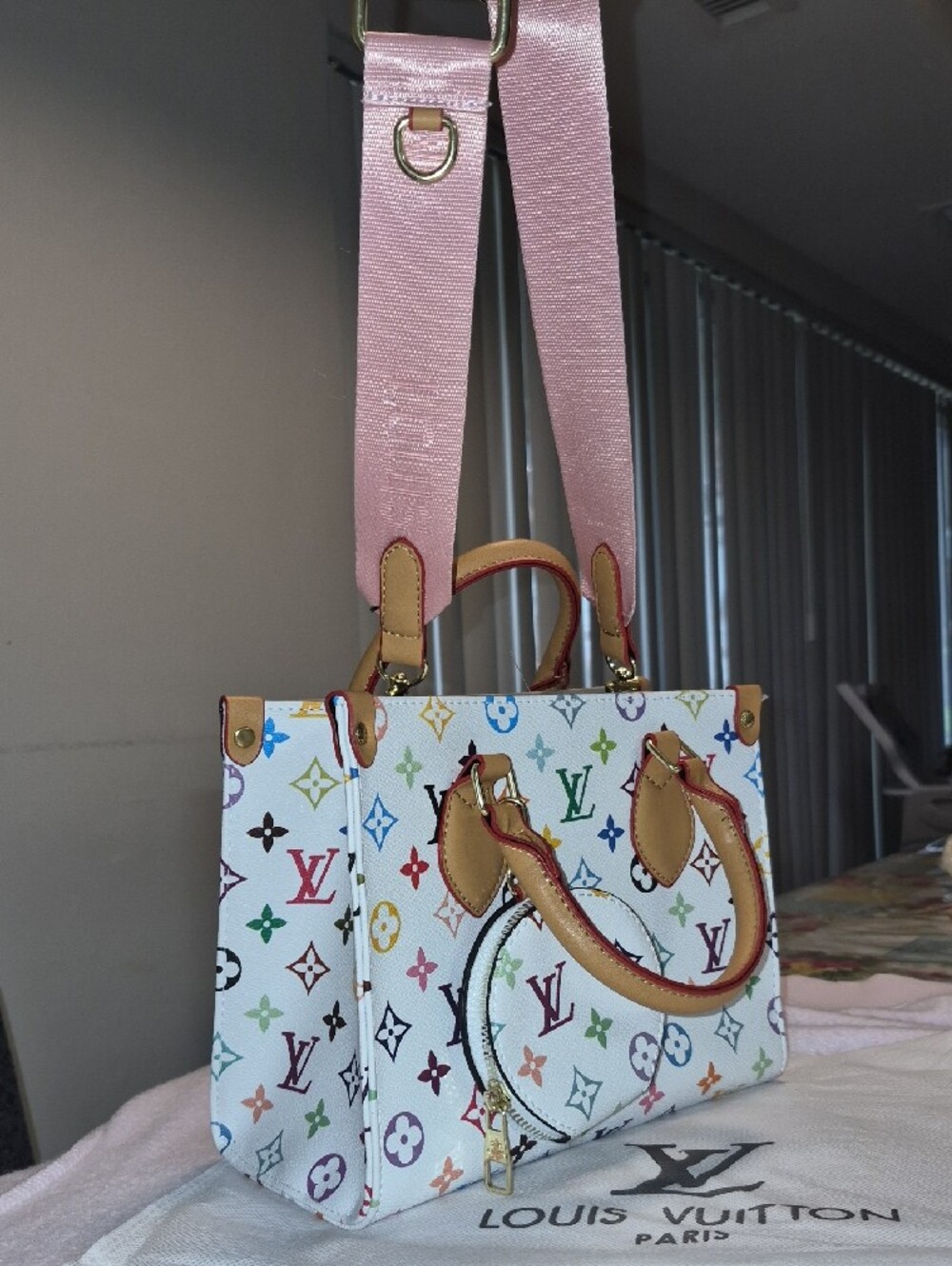 Louis Vuitton White Multicolor Monogram Satchel with Pink Strap - Picture 4 of 8